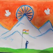 Young artist contribution to celebrate India's Republic Day. A landscape scene with Indian Flag in the forefront