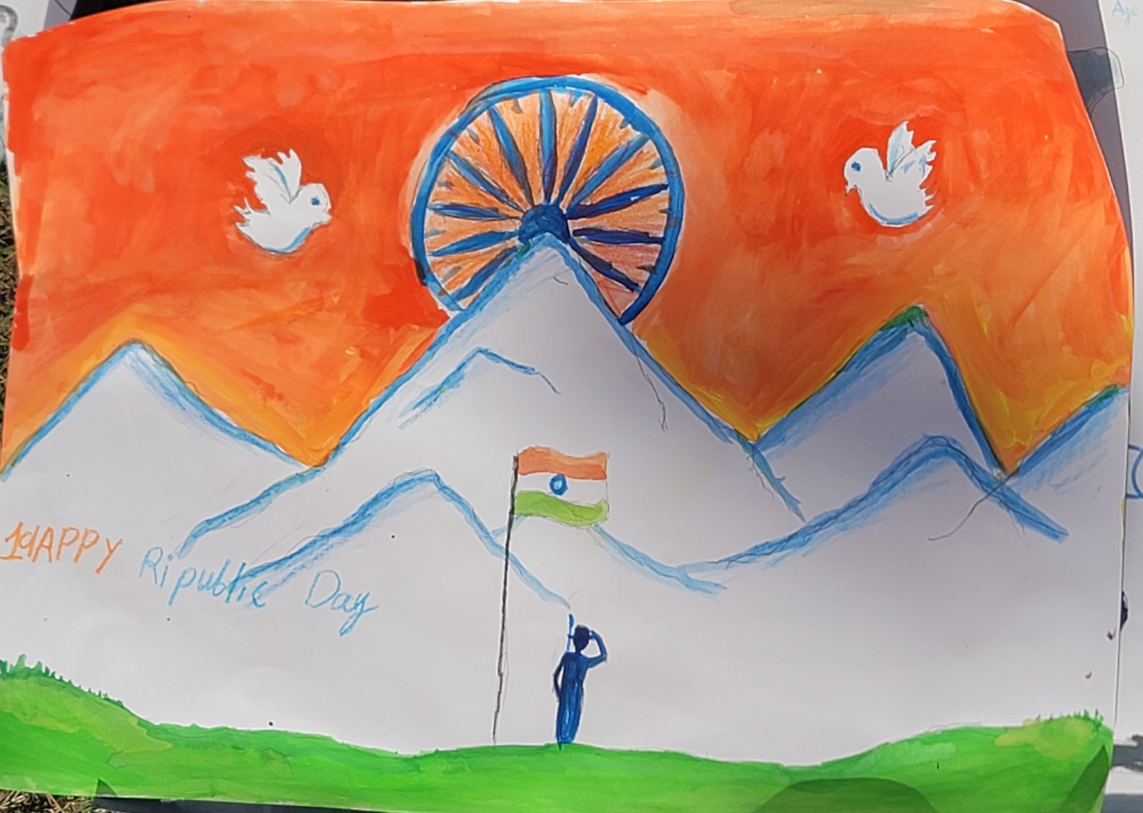 Young artist contribution to celebrate India's Republic Day. A landscape scene with Indian Flag in the forefront